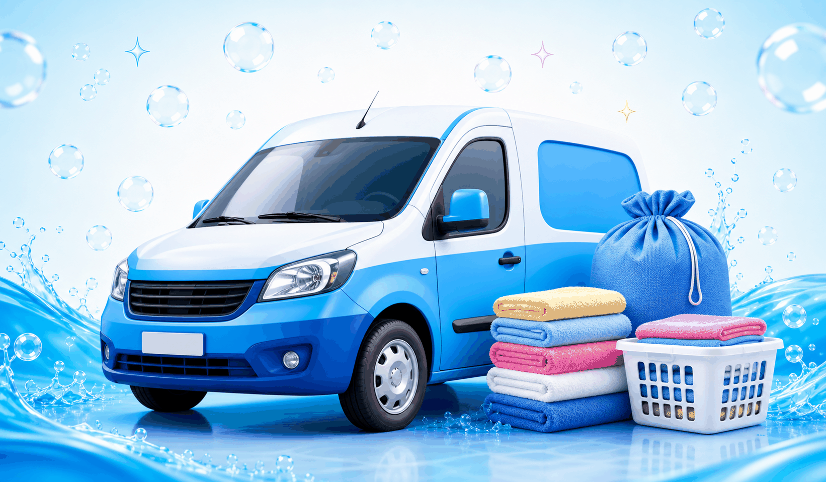 Blue and white laundry delivery van with folded towels, laundry bag, water splashes, and soap bubbles