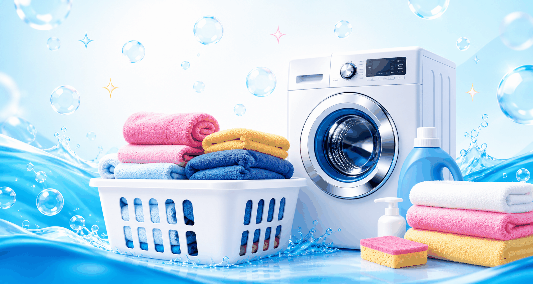 White laundry basket with folded towels, washing machine, detergent, sponge, blue water splashes, and soap bubbles