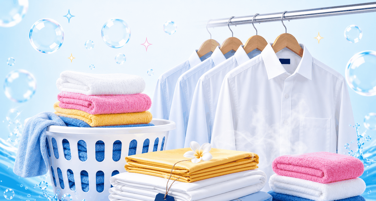 Pressed shirts on hangers, folded laundry, towels, laundry basket, steam, bubbles, and sparkle accents
