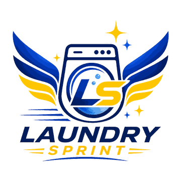 Laundry Sprint blue script logo with sparkle accents